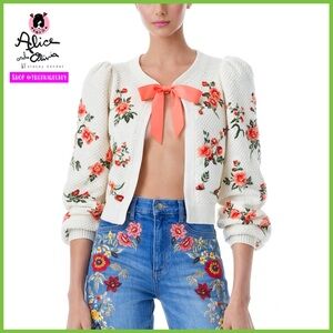 Alice + Olivia Kitty Floral Puff Sleeve Bow Tie Cardigan Sweater